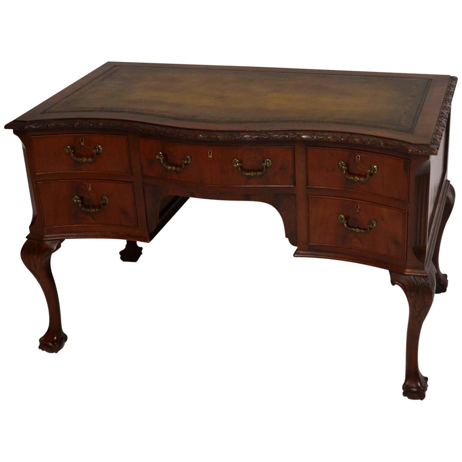 Antique Carved Mahogany Leather Top Desk