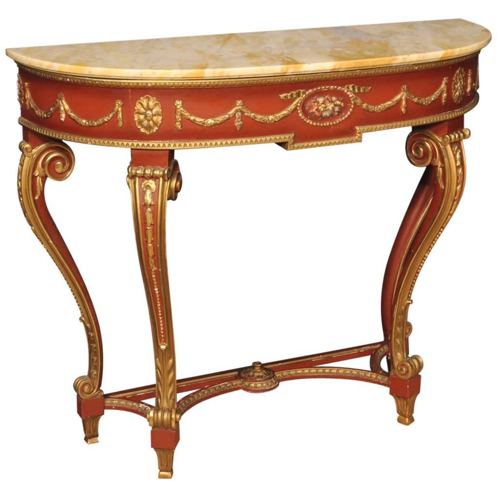 20th Century Italian Lacquered and Gilt Console Table with Marble Top