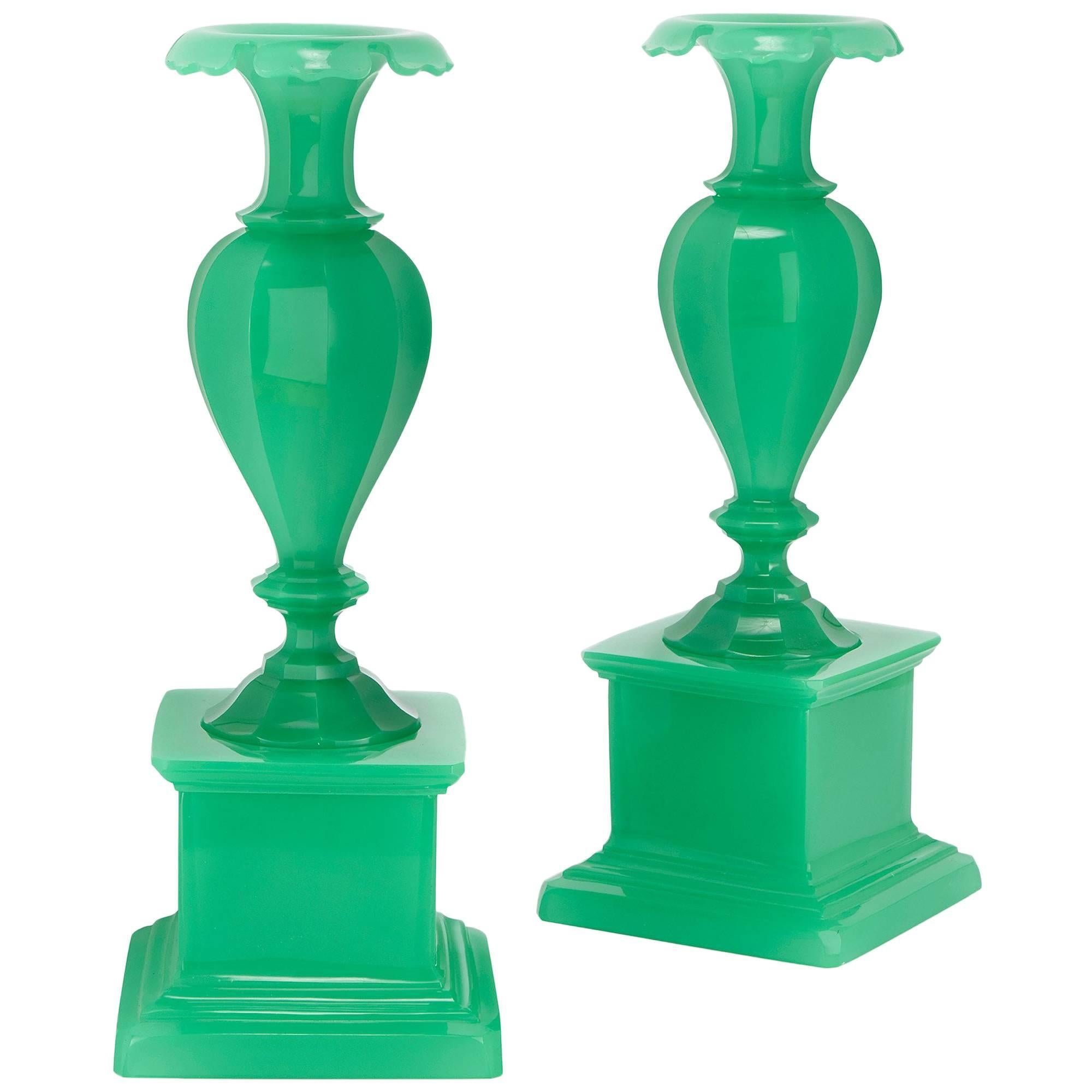 Rare Pair of Emerald Green Sandwich Glass Loop Vases at 1stDibs