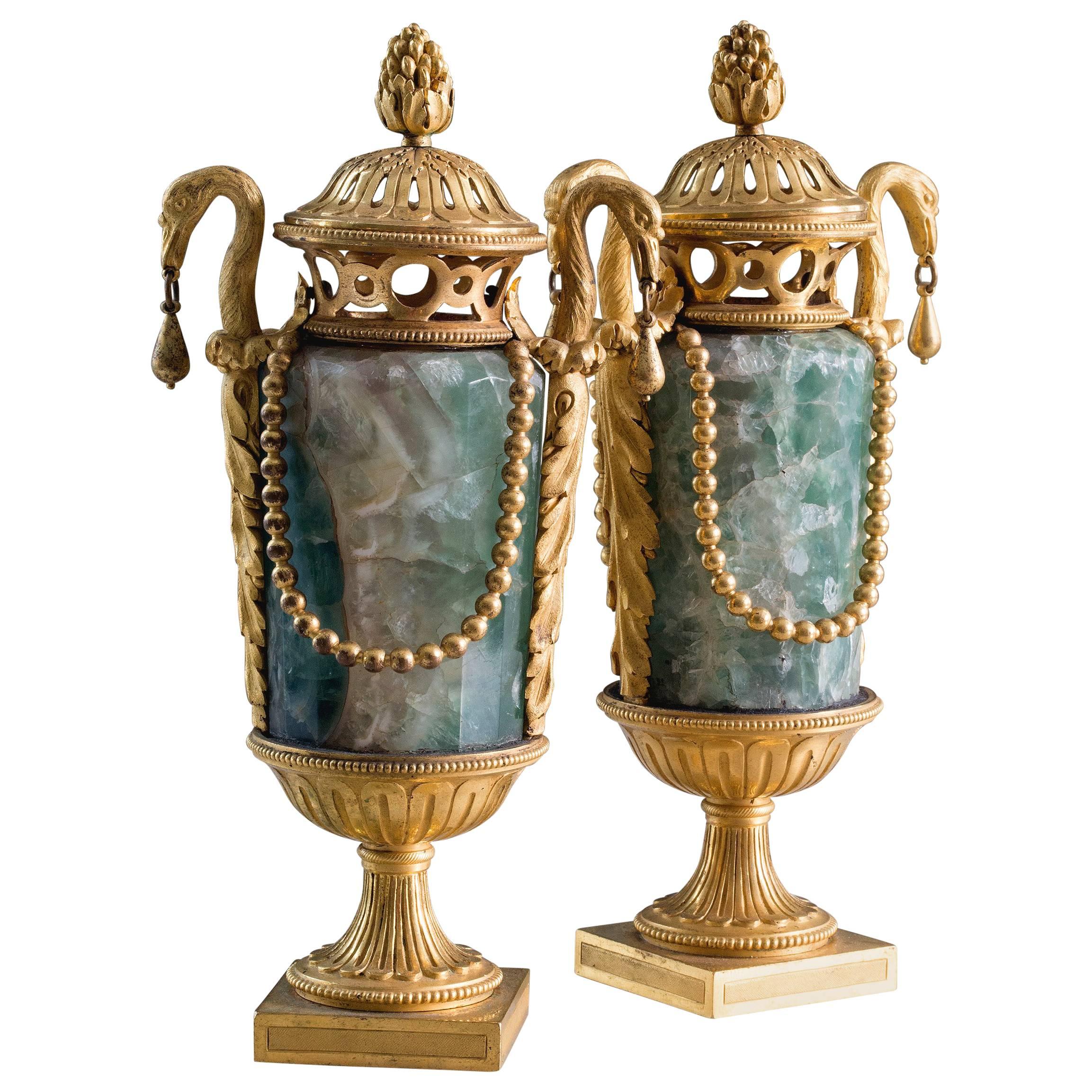 Pair of Louis XVI Ormolu-Mounted Blue John Pot-Pourri Vases For Sale