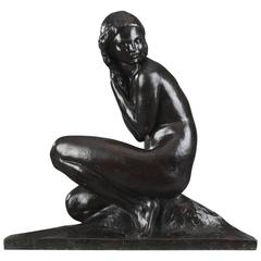 Important Art Deco Bronze "Crouching Female Nude" by Jean Ortis