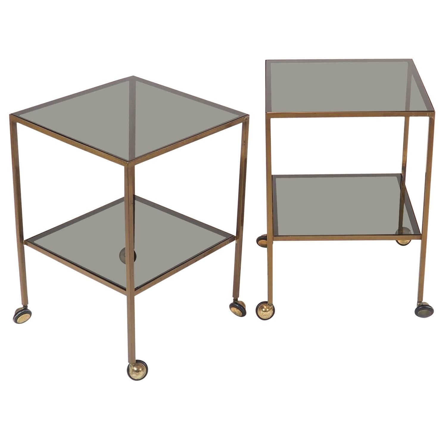  Pair of Nice Italian Brass Side Tables with thick glass and wheels Milano 1960s