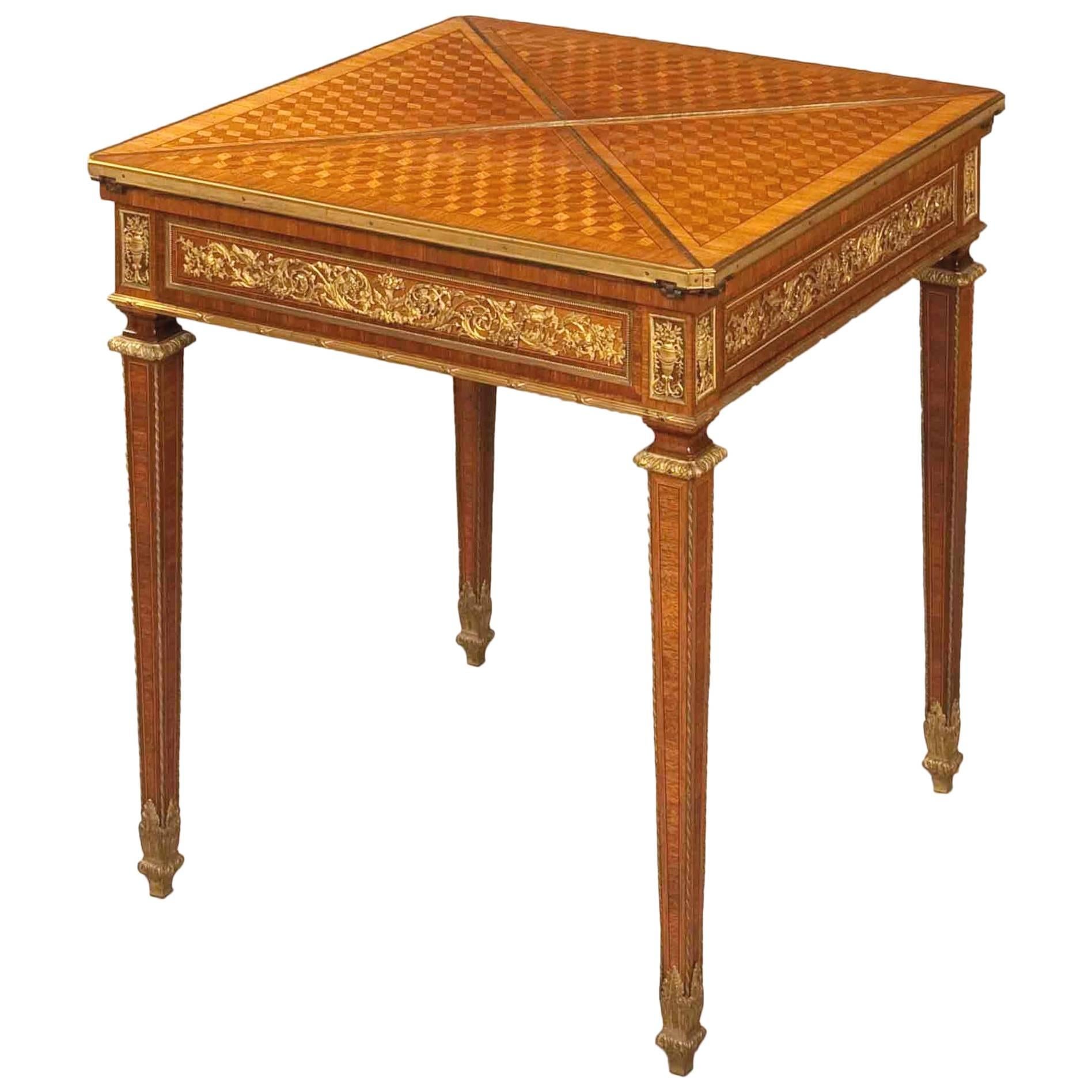 French Card Table with Parquetry and Gilt Bronze Mounts, 19th Century For Sale