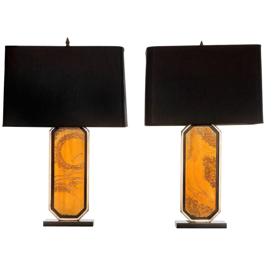 Pair of Etched Brass Lamps by Jean Claude Mahey
