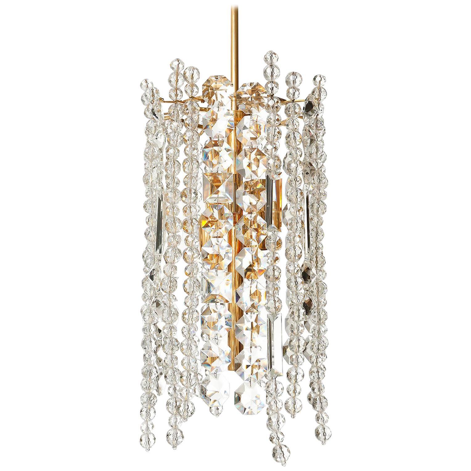 Bakalowits Chandelier Pendant Light, Gilt Brass Crystal Glass, 1960s