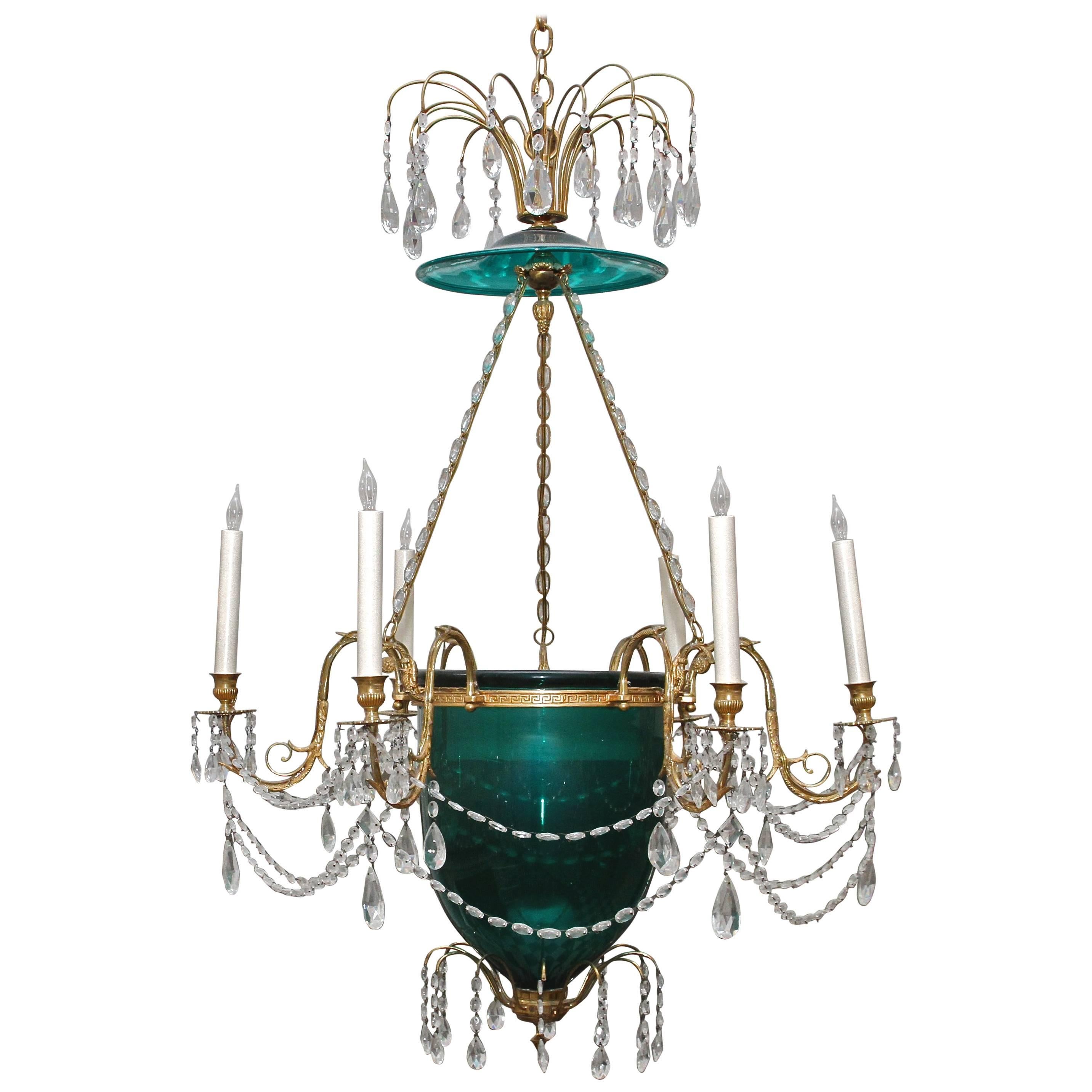 Russian or Baltic Neoclassical Style Emerald Green Six-Light Bell Chandelier
