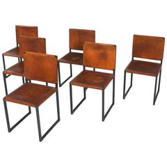 Set of Six Cognac Leather Mid-Century Dining Chairs