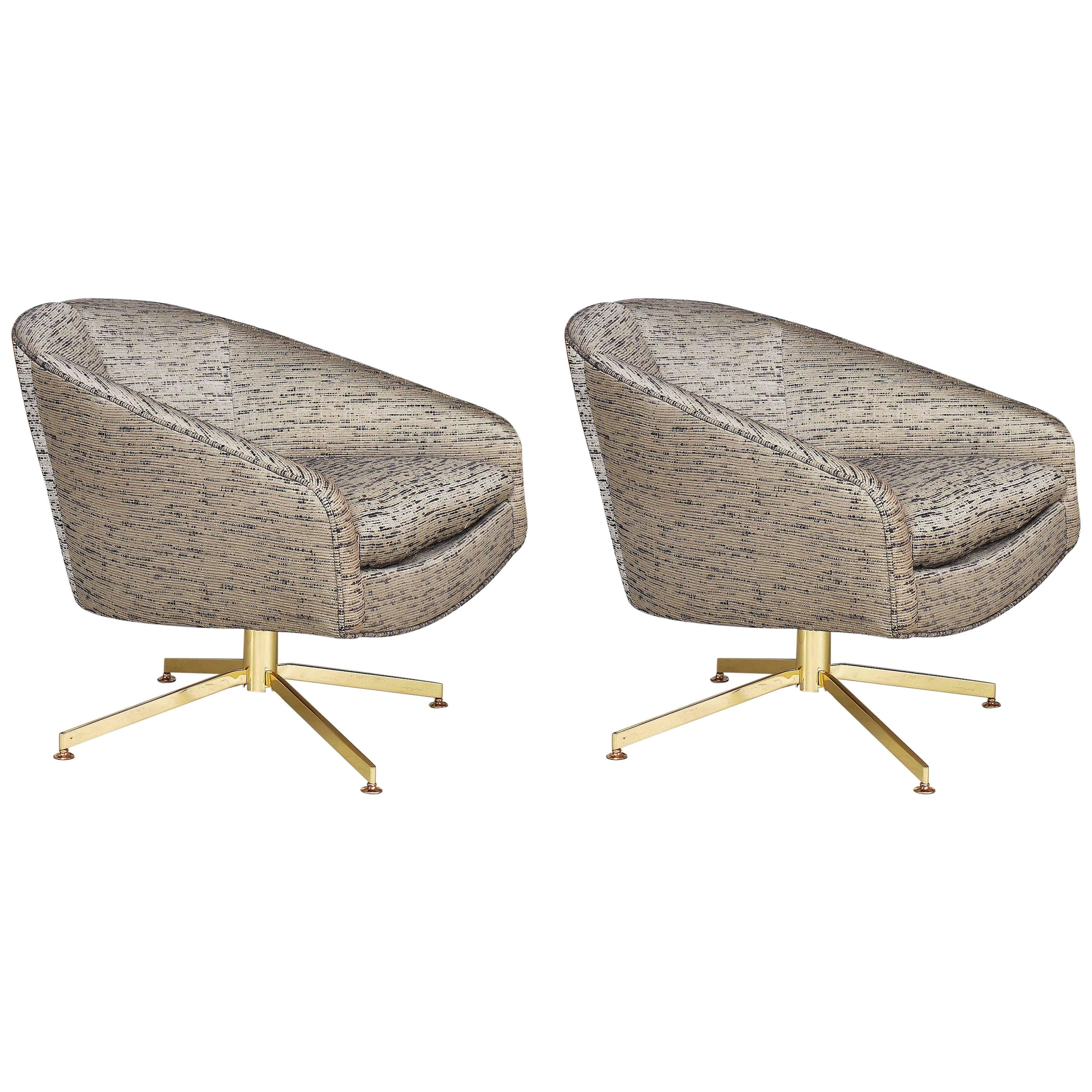 Pair of Milo Baughman Swivel Chairs with Brass Bases