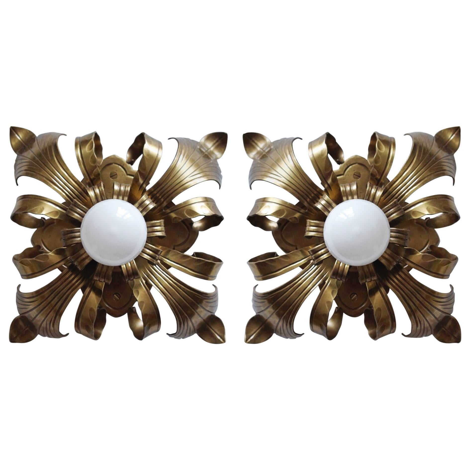 Pair of Solid Brass Ceiling or Wall Lights Flush Mounts Sconces, Italy, 1960s