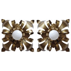 Pair of Solid Brass Ceiling or Wall Lights Flush Mounts Sconces, Italy, 1960s