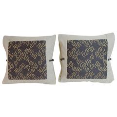 Pair of Japanese Vintage Blue and Gold Woven Silk Decorative Pillow Pair of Japanese Vintage Blue and Gold Woven Silk Decorative Pillow