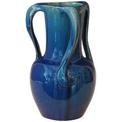 Large Kyoto Pottery Antique Art Nouveau S Handled Blue Monochrome Vase