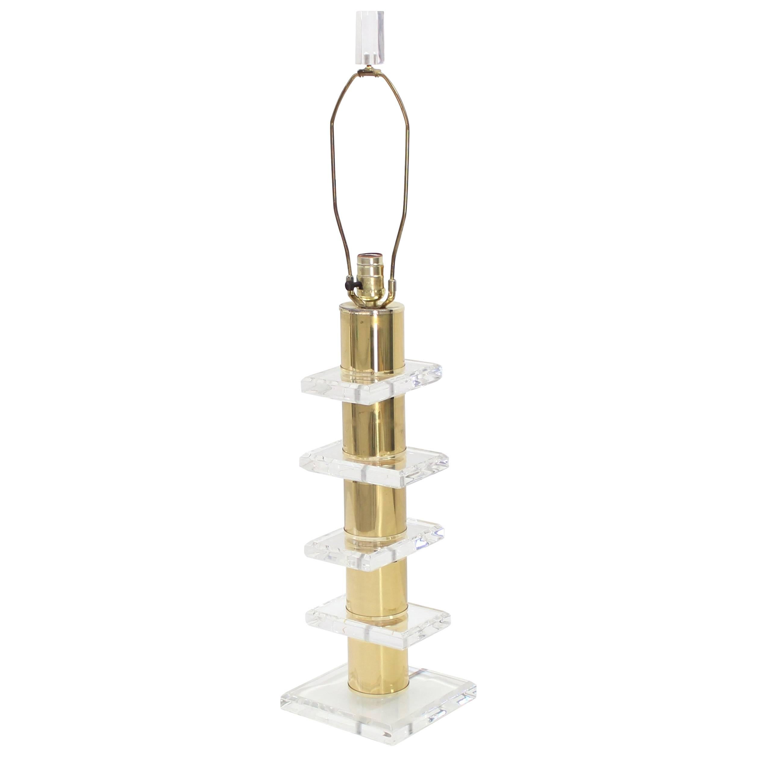 Stacked Lucite Brass Cylinders Table Lamp Lucite Finial For Sale
