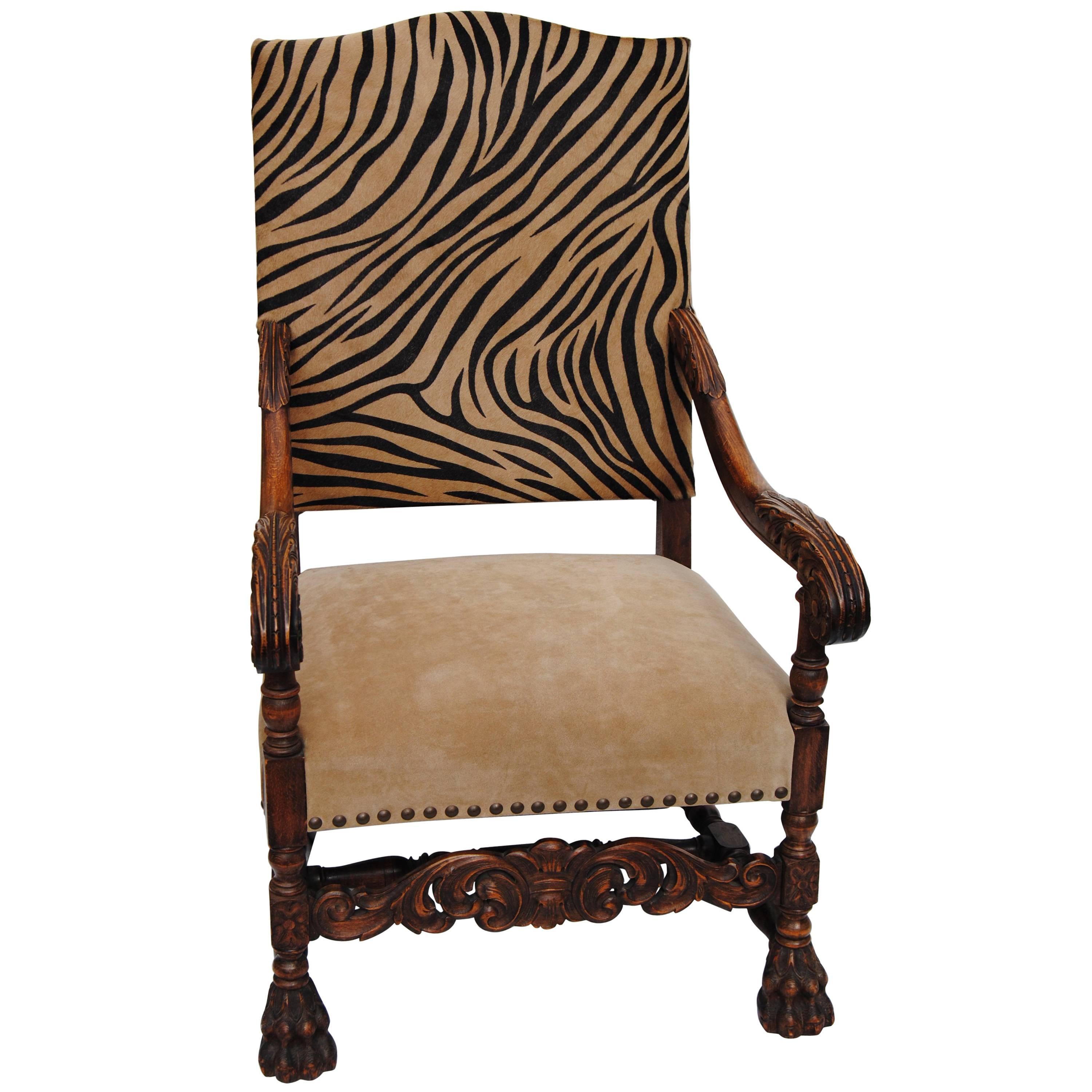 Antique European Armchair Newly Upholstered in Edelman Faux Zebra  Cowhide For Sale