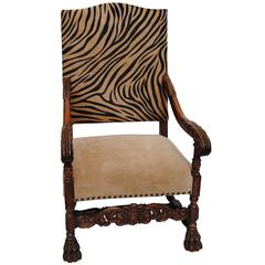 Antique European Armchair Newly Upholstered in Edelman Faux Zebra  Cowhide