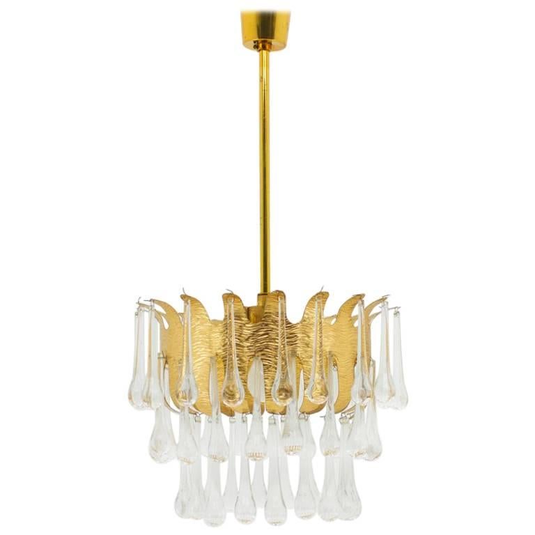 Ernst Palme Glass and Gilded Brass Chandelier for Palme, Germany 1960s For Sale