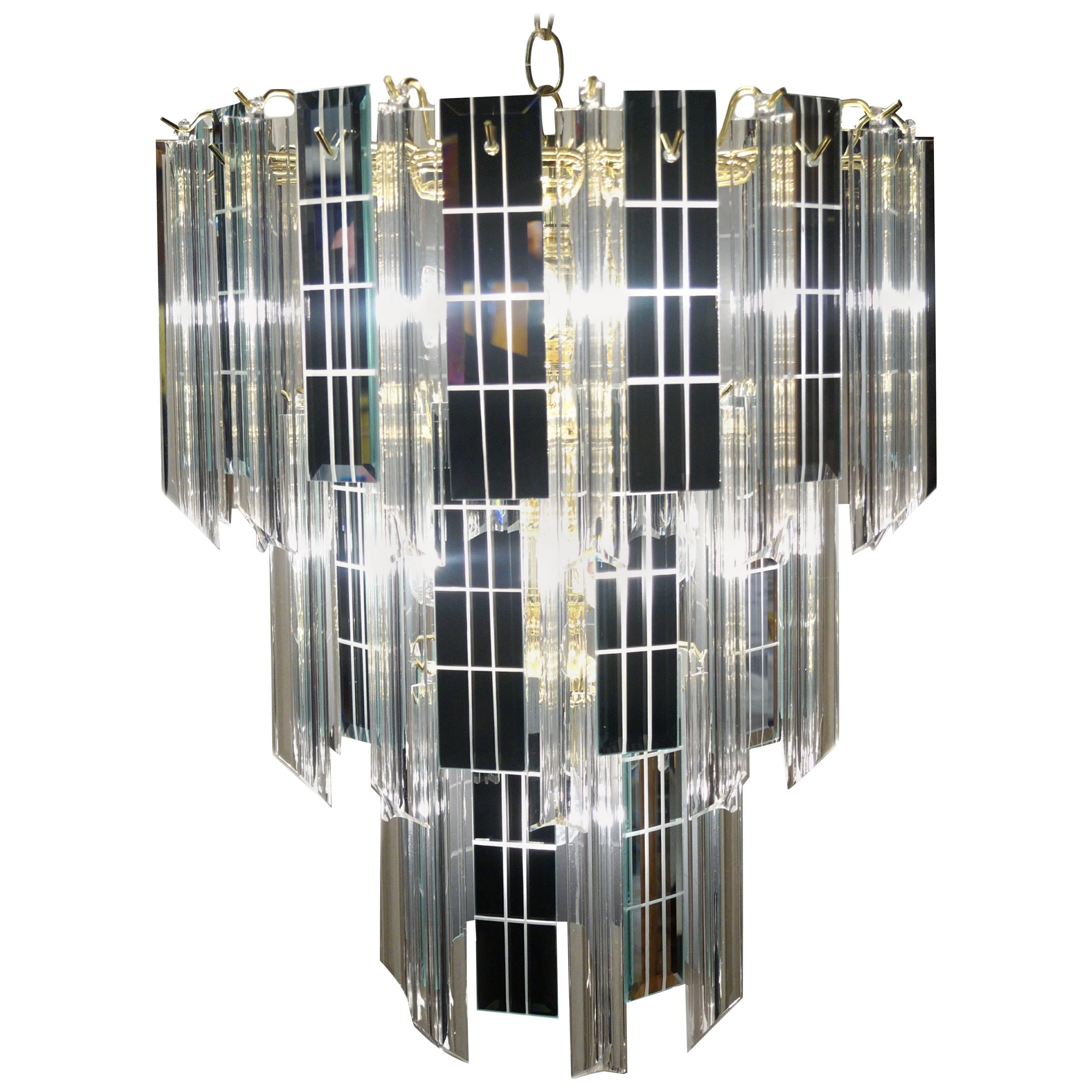 Mid-Century Modern Three-Tier Lucite and Mirror Mirrored Pendant Lamp Chandelier