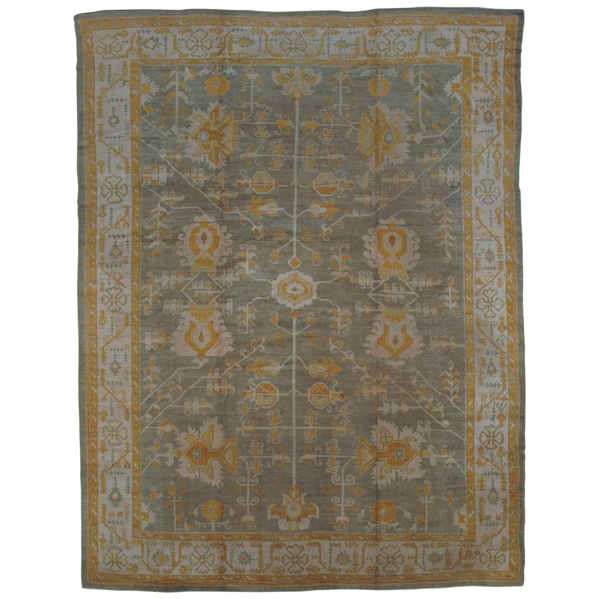Antique Oushak Carpet, Oriental Rug, Handmade Grey, Ivory, Saffron For Sale