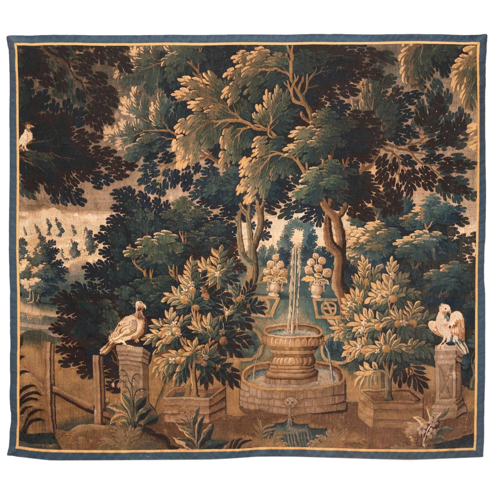 Mid-18th Century French Aubusson Verdure Tapestry with Birds and a Fountain