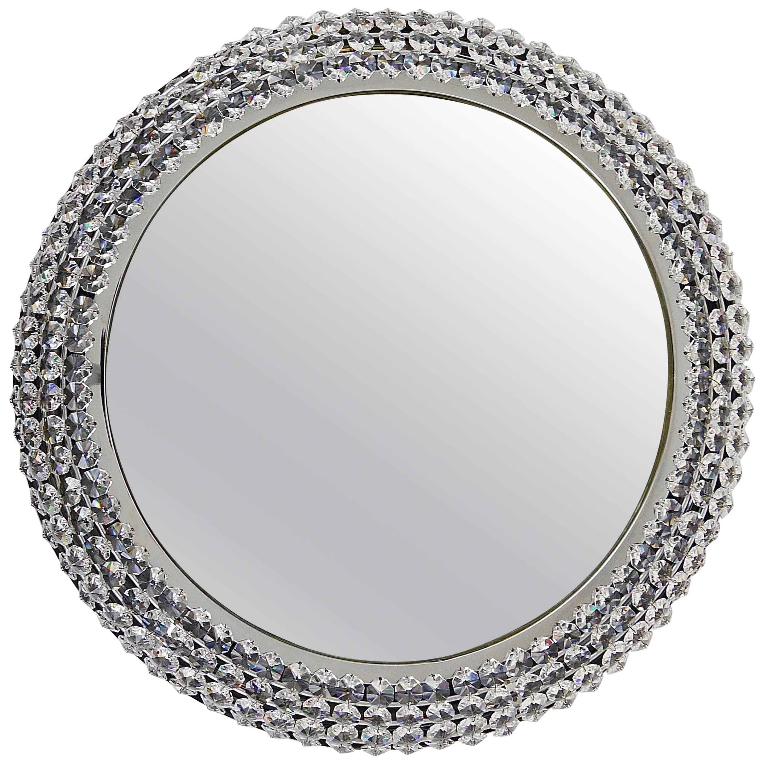 Round Bakalowits Style Faceted Crystal & Chrome Backlit Wall Mirror, 1960s For Sale