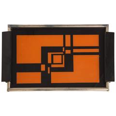 Lovely Deco Geometric Orange Black Steel Wood Tray, France 1930s, 1940s