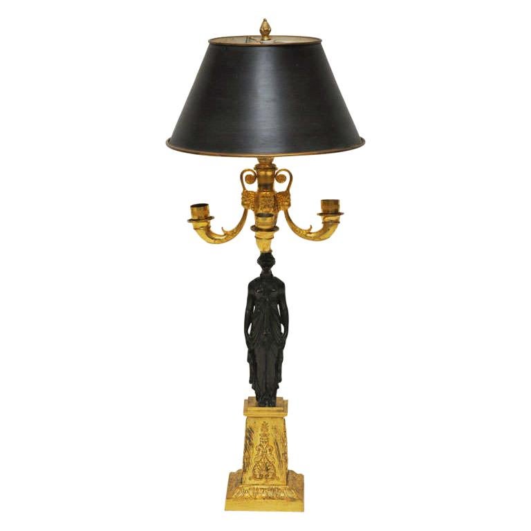 Empire Gold Bronze Four-Light Candelabra Table Lamp, Claude Galle, France, 1810 For Sale