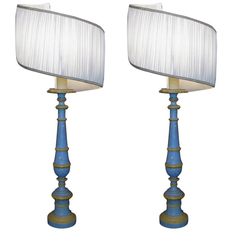 Pair Of Italian Round Table Lamps 1810 Blue And Yellow Painted Wood Candlesticks