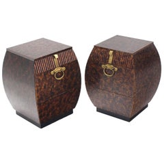 Vintage Pair of Bombey Barrel Shape Widdicomb End Tables Stands Brass Hardware Pulls