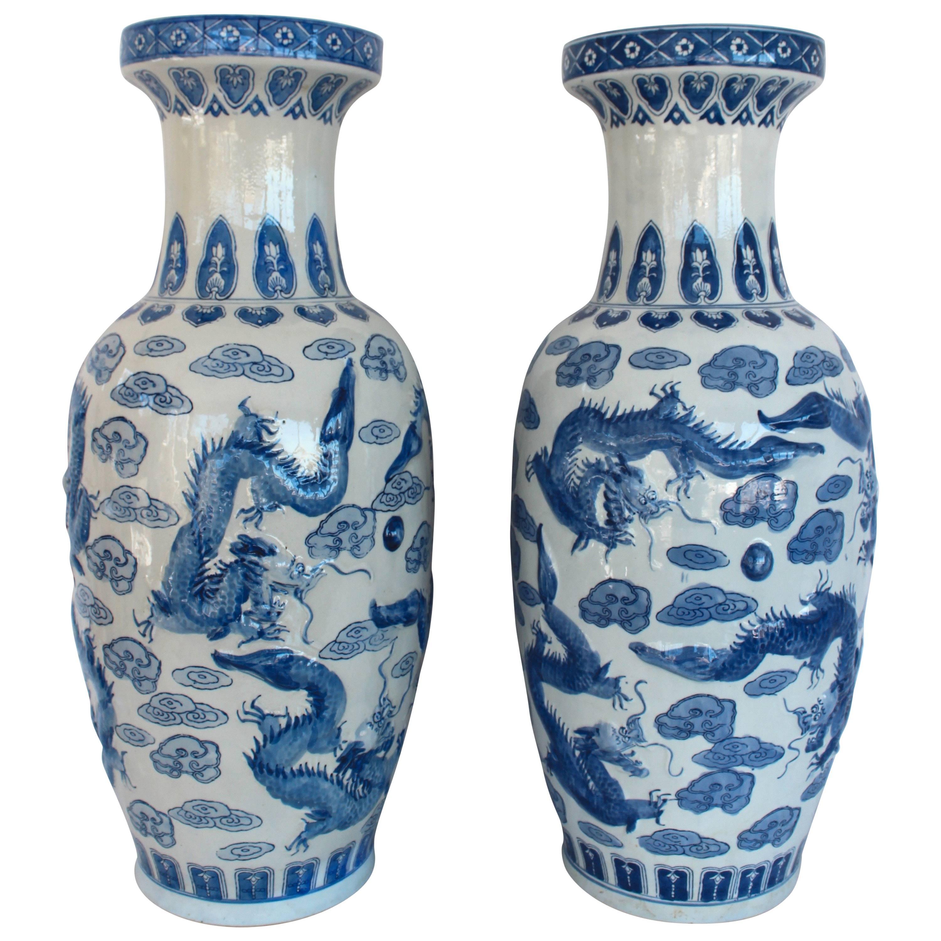 Large Pair of Chinese Blue and White Vases