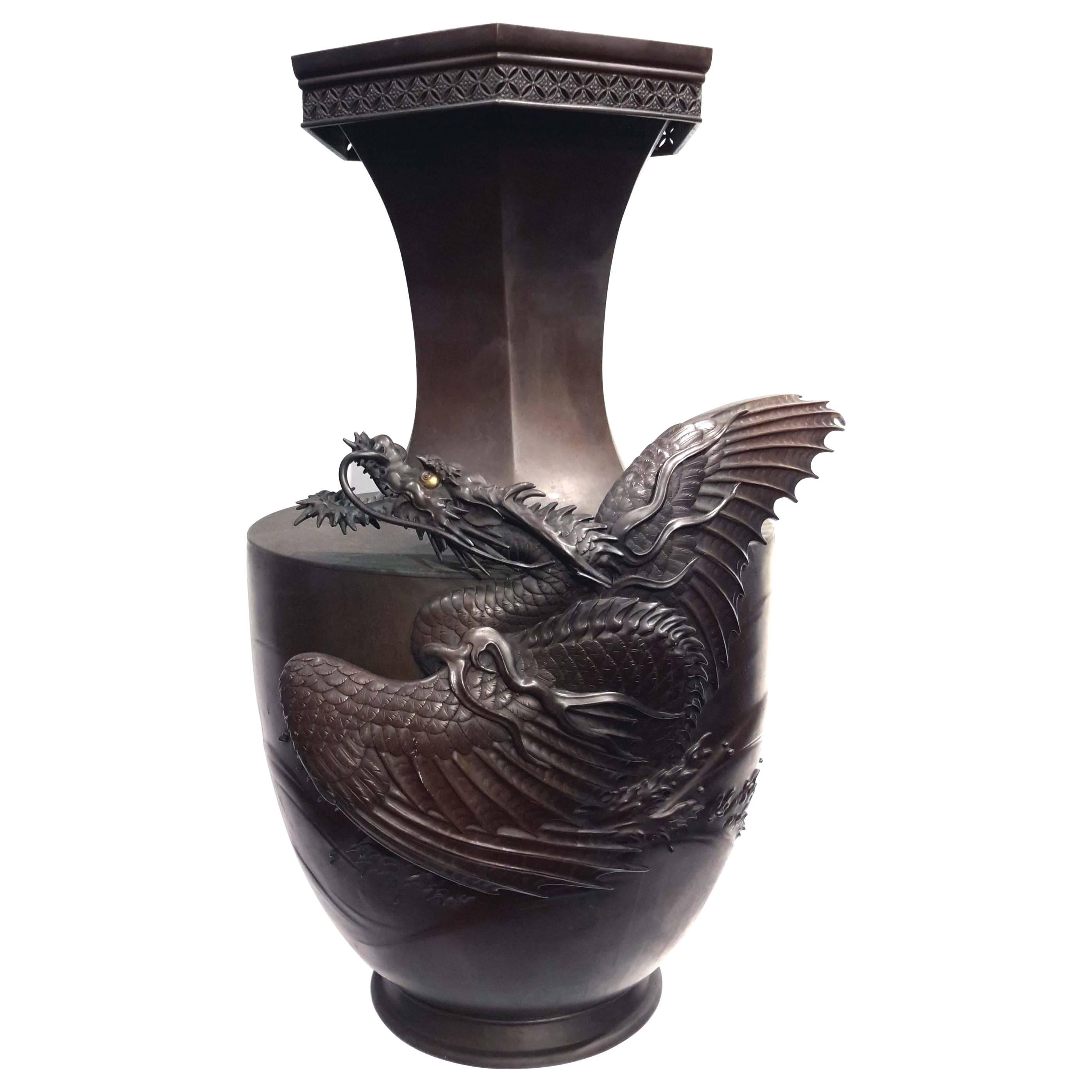 Monumental Meiji Period Japanese Bronze Winged Dragon Vase For Sale