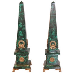 Pair of Late 19th Century Malachite and Gilt Bronze Obelisks Signed P.E. Guerin