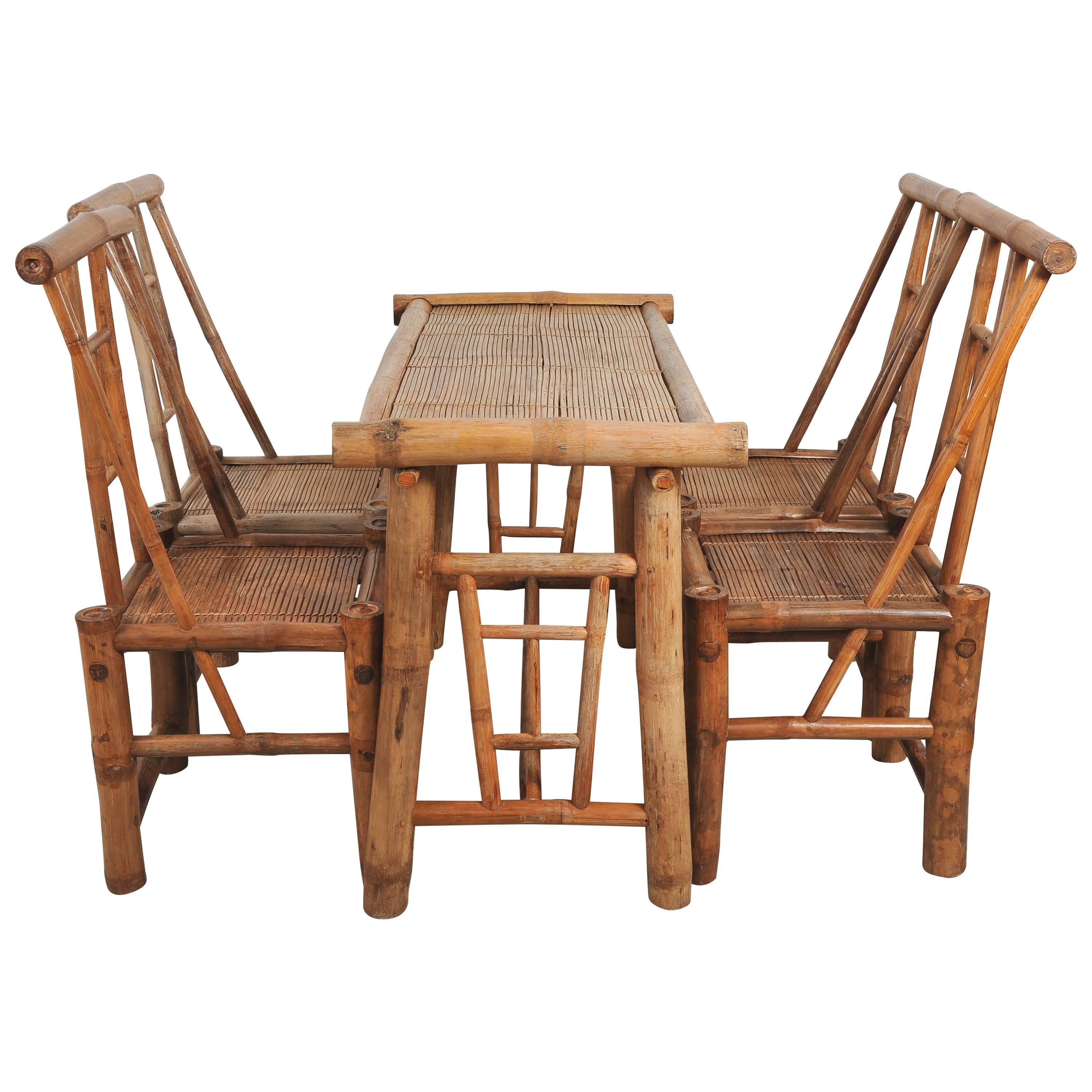 Quirky French 1950s Set of Bamboo and Rattan Table with Four Chairs