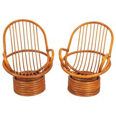 Vintage Large Pair of 1950s French Rattan and Bamboo Swivel Armchairs