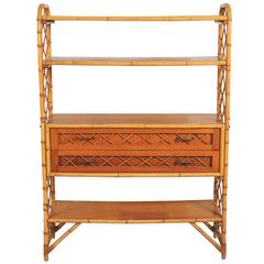 Retro 1950s French Bamboo and Rattan Shelf Unit with Two Drawers