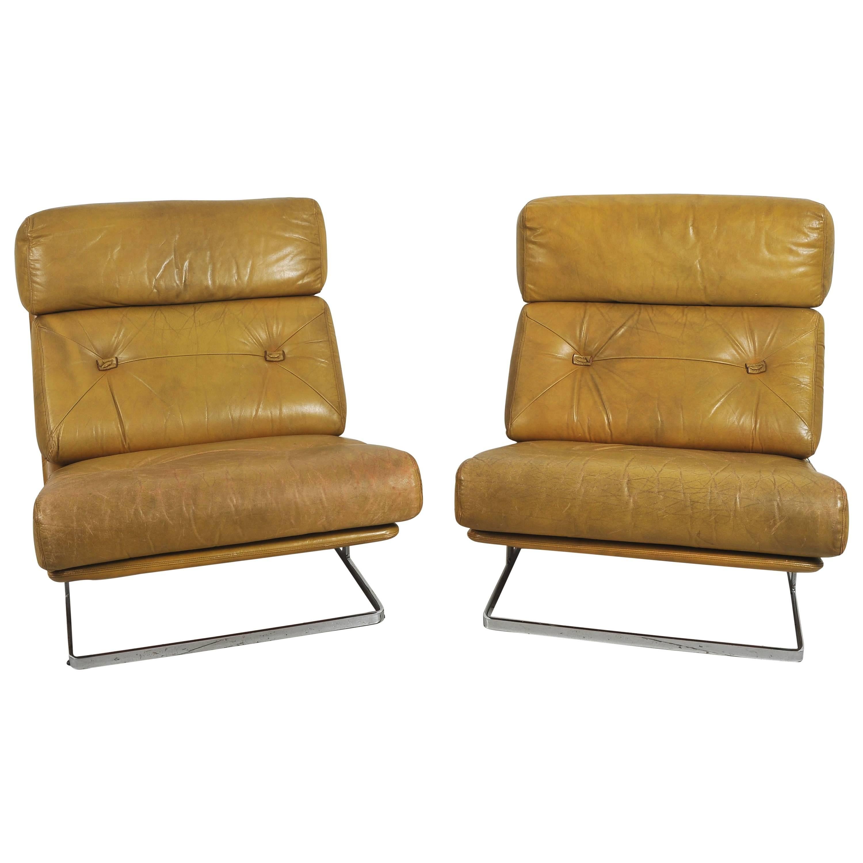 Pair of Nucleus 1970s Leather and Chrome Low Chairs