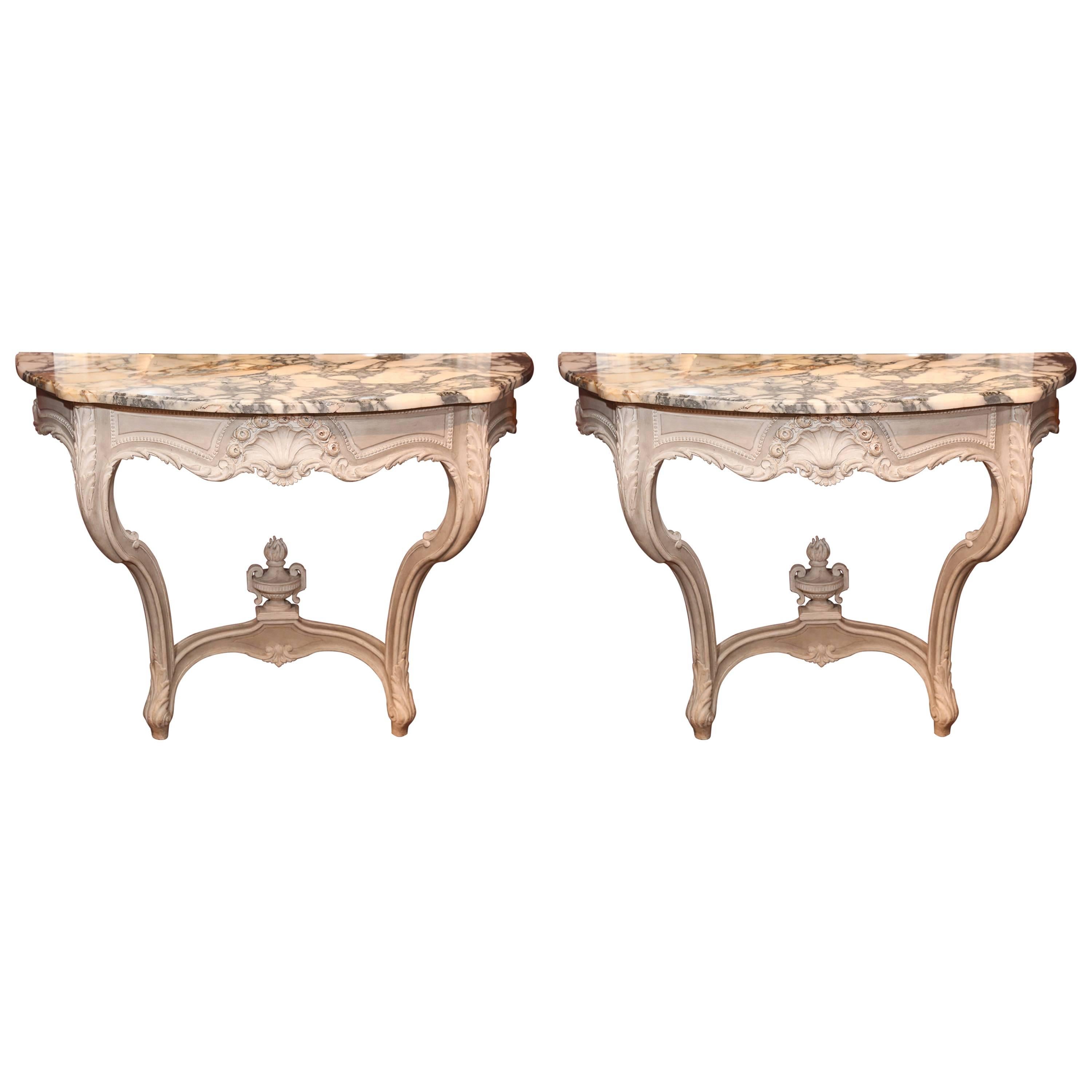 Pair of French Louis XV Painted Console Tables with White and Gray Marble Tops