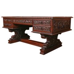 Antique Spanish Desk Carved in Mahogany with Serpentine Curved Legs