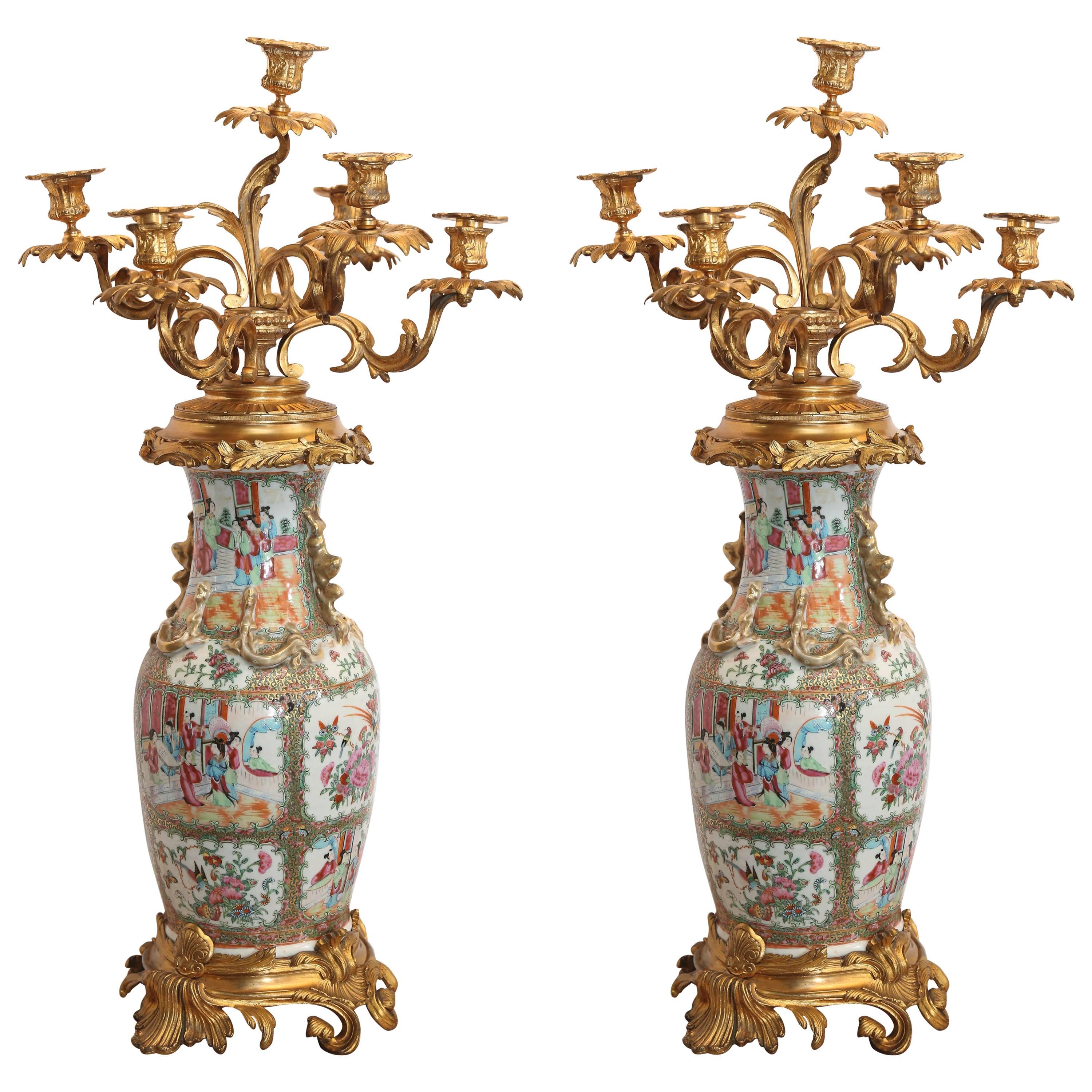 Pair of Rose Medallion Porcelain Candelabrum in Gilt Bronze, 19th Century For Sale