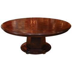 Large Round Walnut Parquetry Inlaid Pedestal Table on a Hexagonal Support