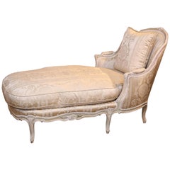 French Louis XV Style Painted Chaise Longue with Cream Upholstry