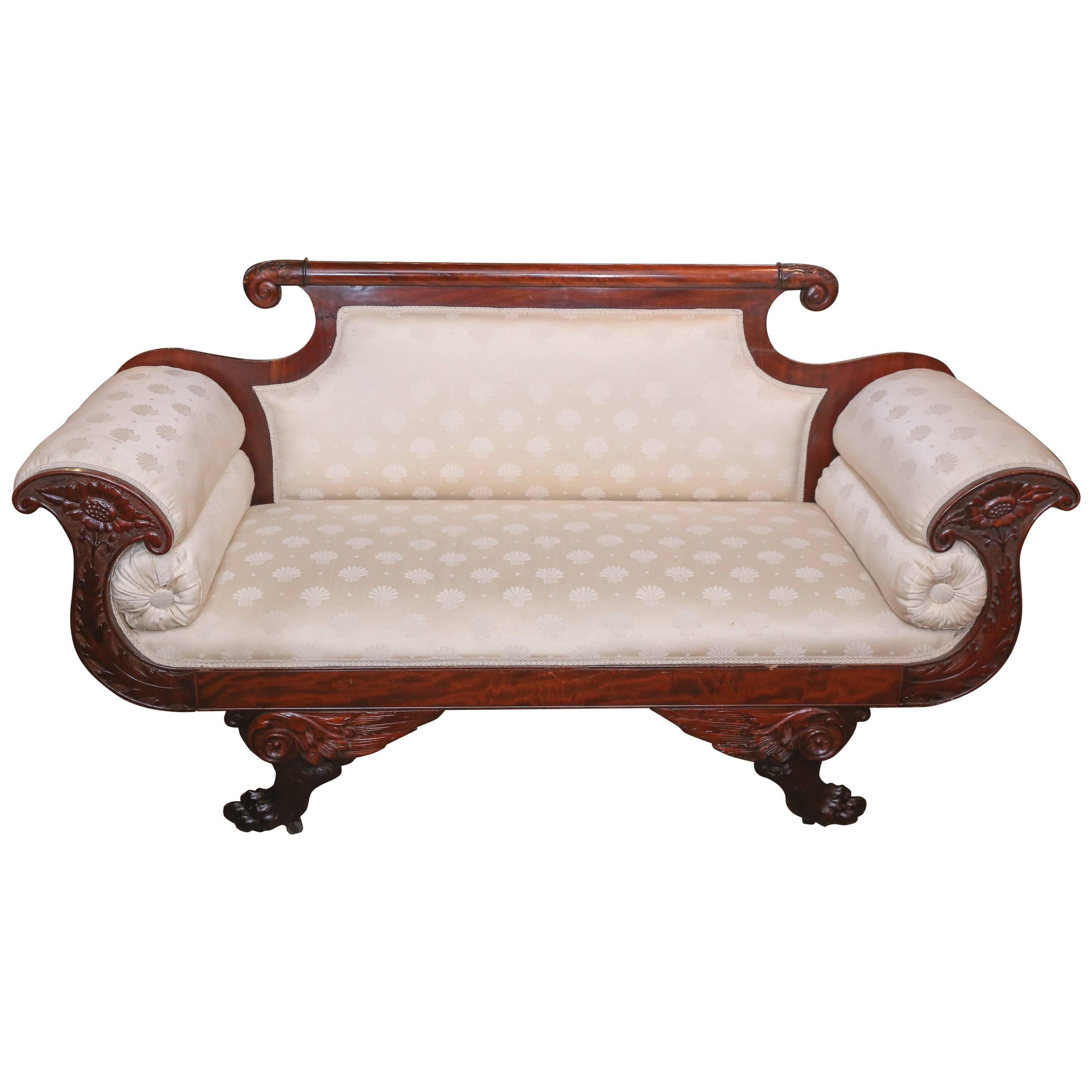 American Empire Settee, 19th Century Flame Mahogany