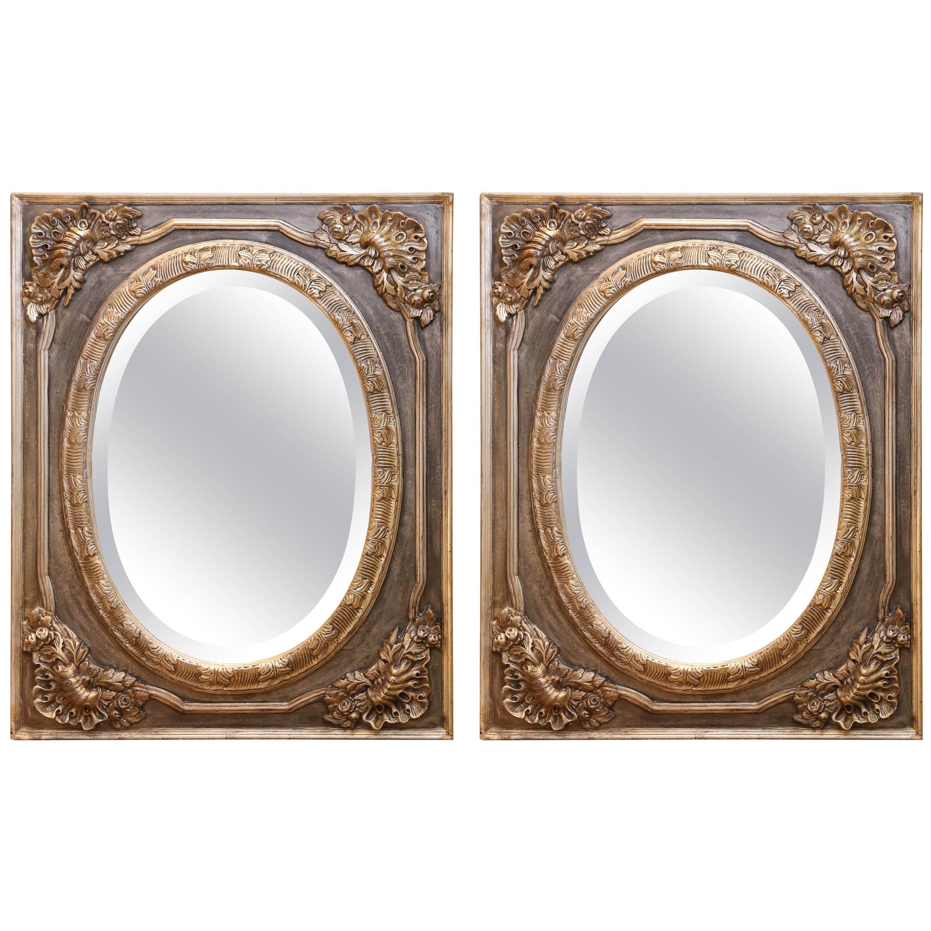 Pair of Gray Painted and Silver Beveled Mirrors