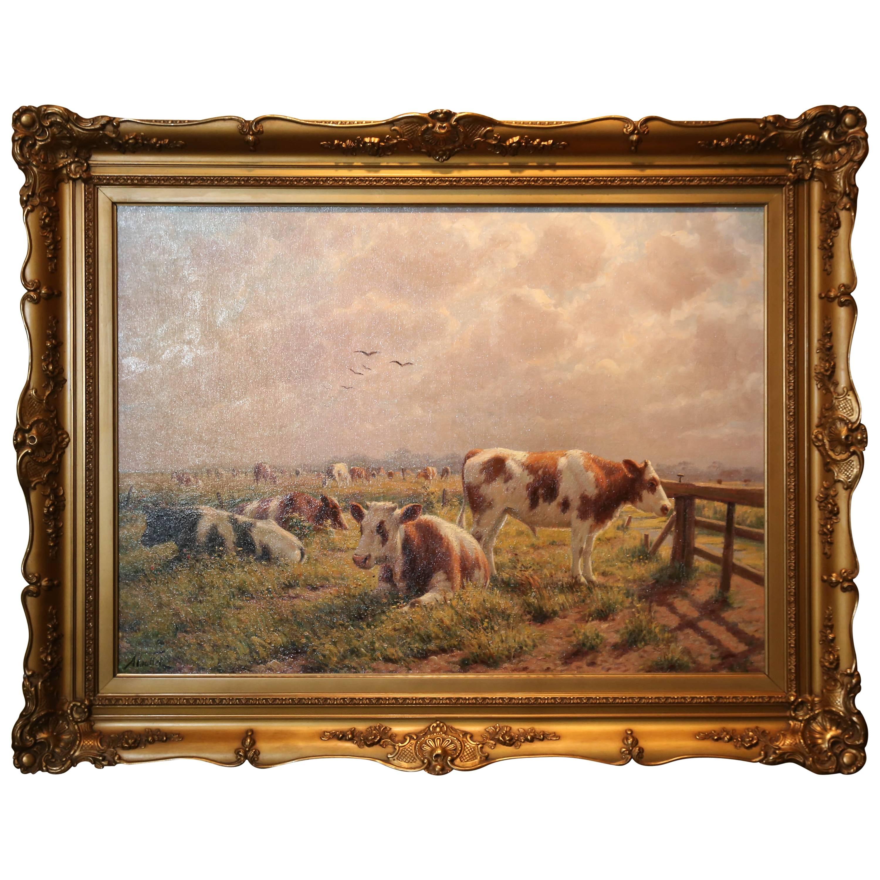Oil on Canvas 'Cattle Grazing in a Pasture' by Albert Caullet Signed a Caullet
