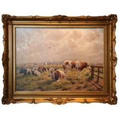 Antique Oil on Canvas 'Cattle Grazing in a Pasture' by Albert Caullet Signed a Caullet