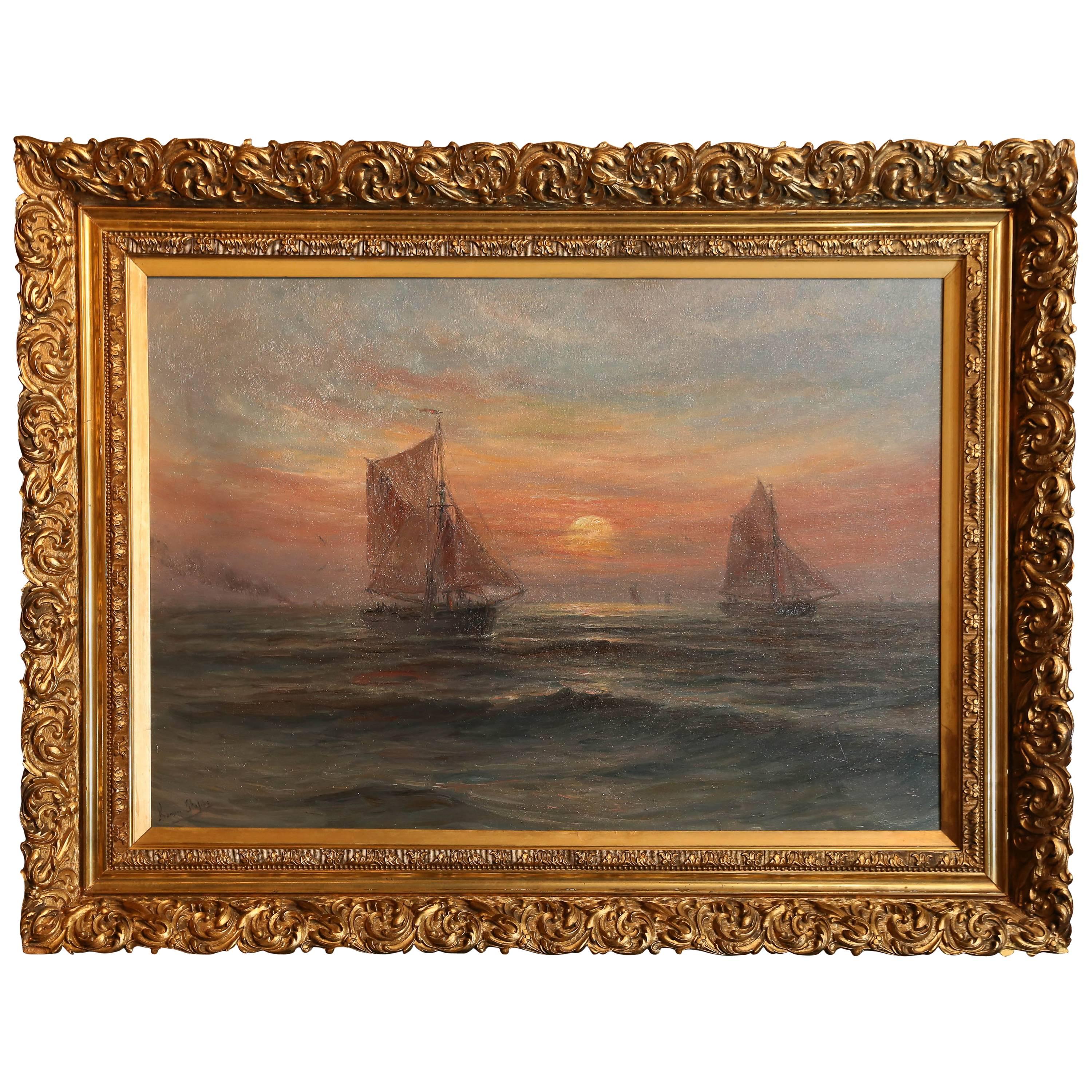 Huile sur toile, Ships at Sunset signée en bas à gauche « Romain Steppe »