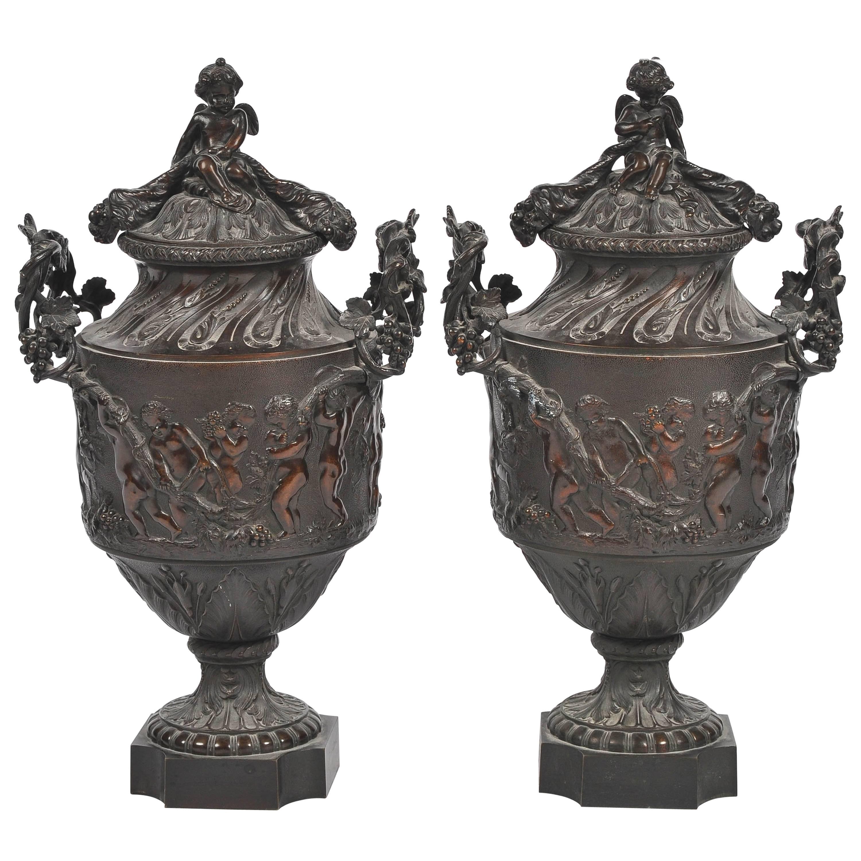 Pair of 19th Century Louis XVI Style Bronze Urns