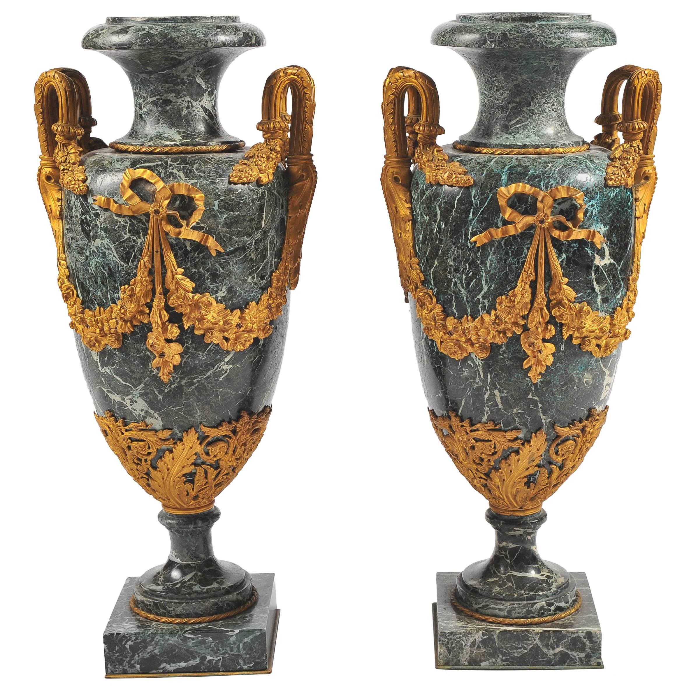 Large Pair of 19th Century Green Marble and Ormolu Urns