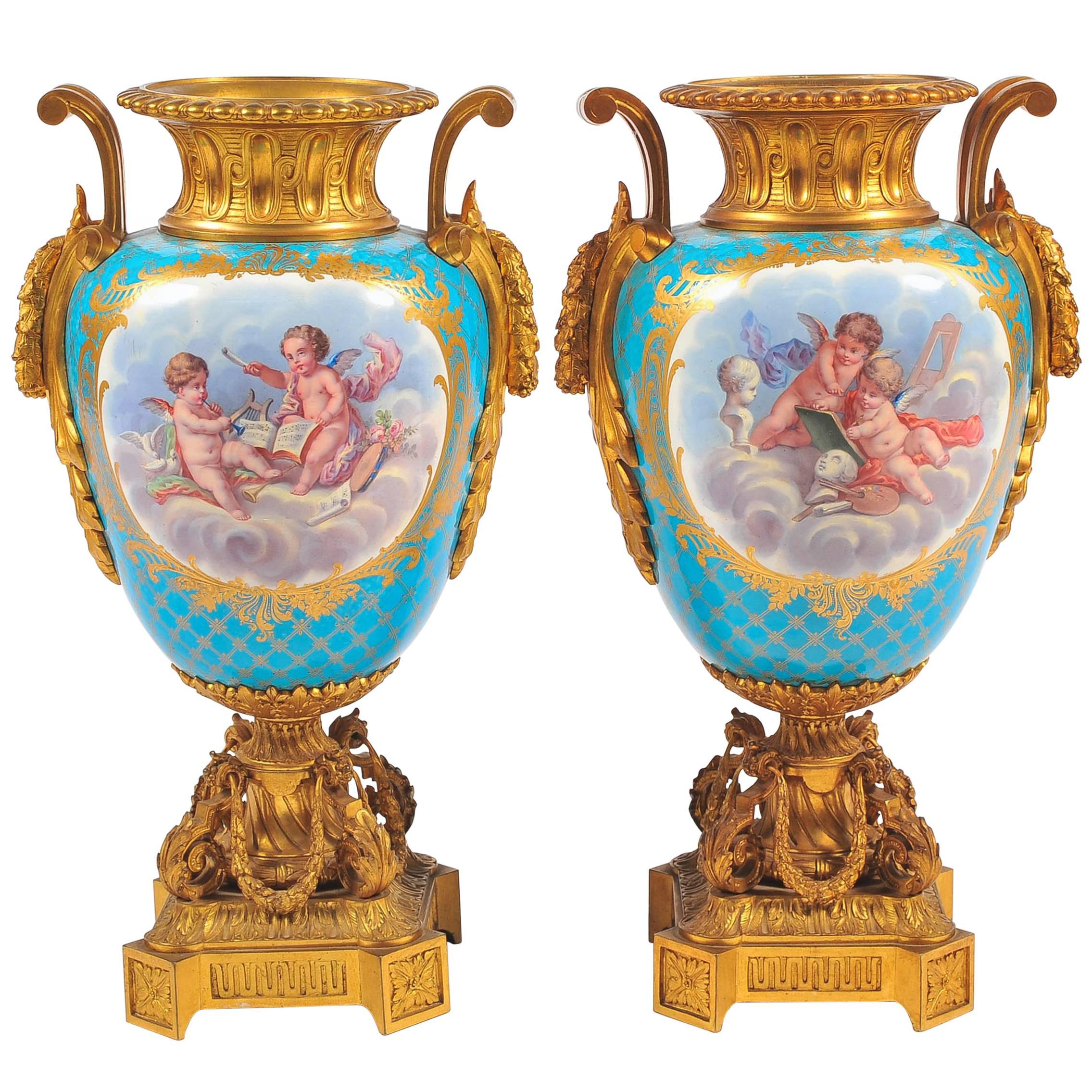 Pair of 19th Century Sevres, Ormolu-Mounted Vases For Sale