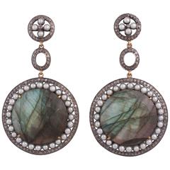 Labradorite Pearl Diamond Disc Dangle Earrings