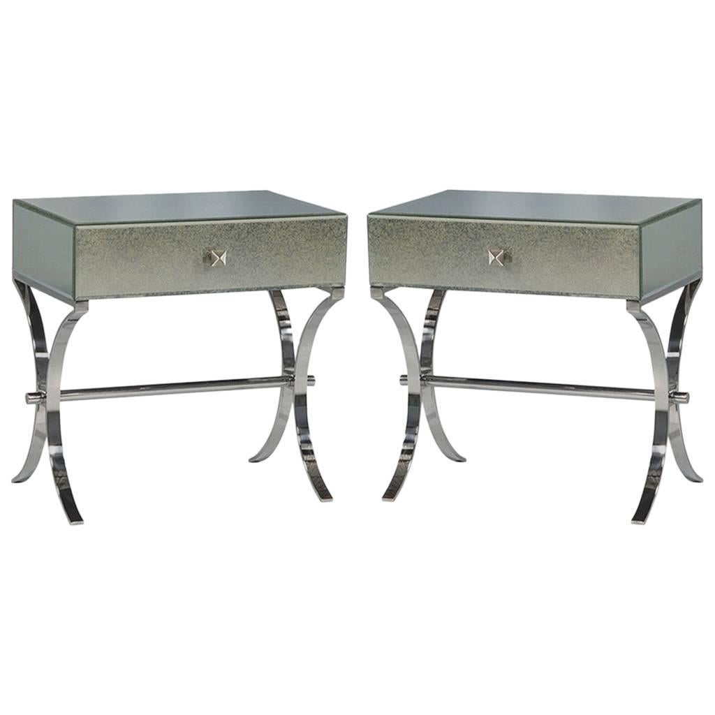 Pair of Antiqued Mirrored Glass Nightstands